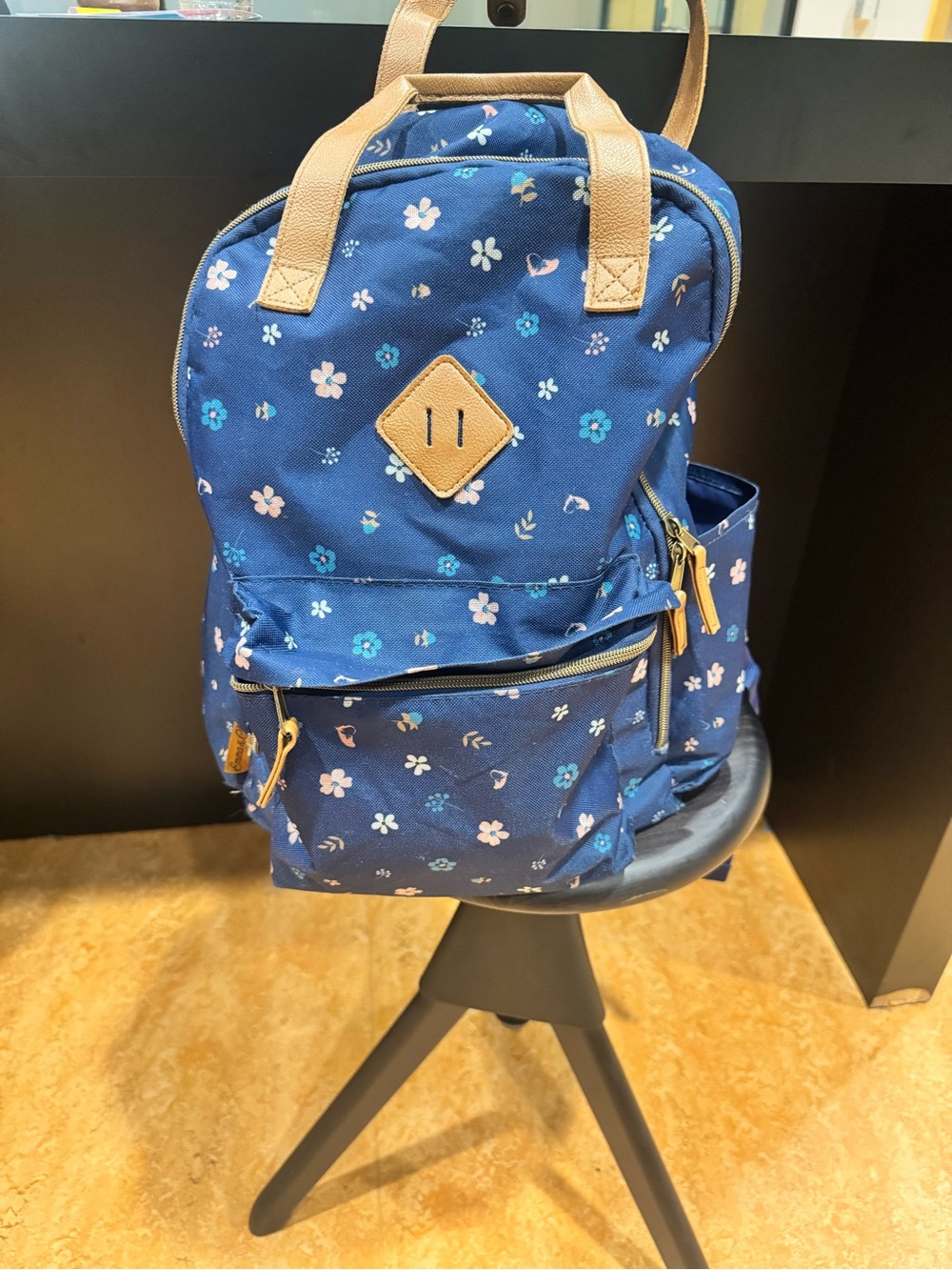 Navy Floral Backpack with Tan strap